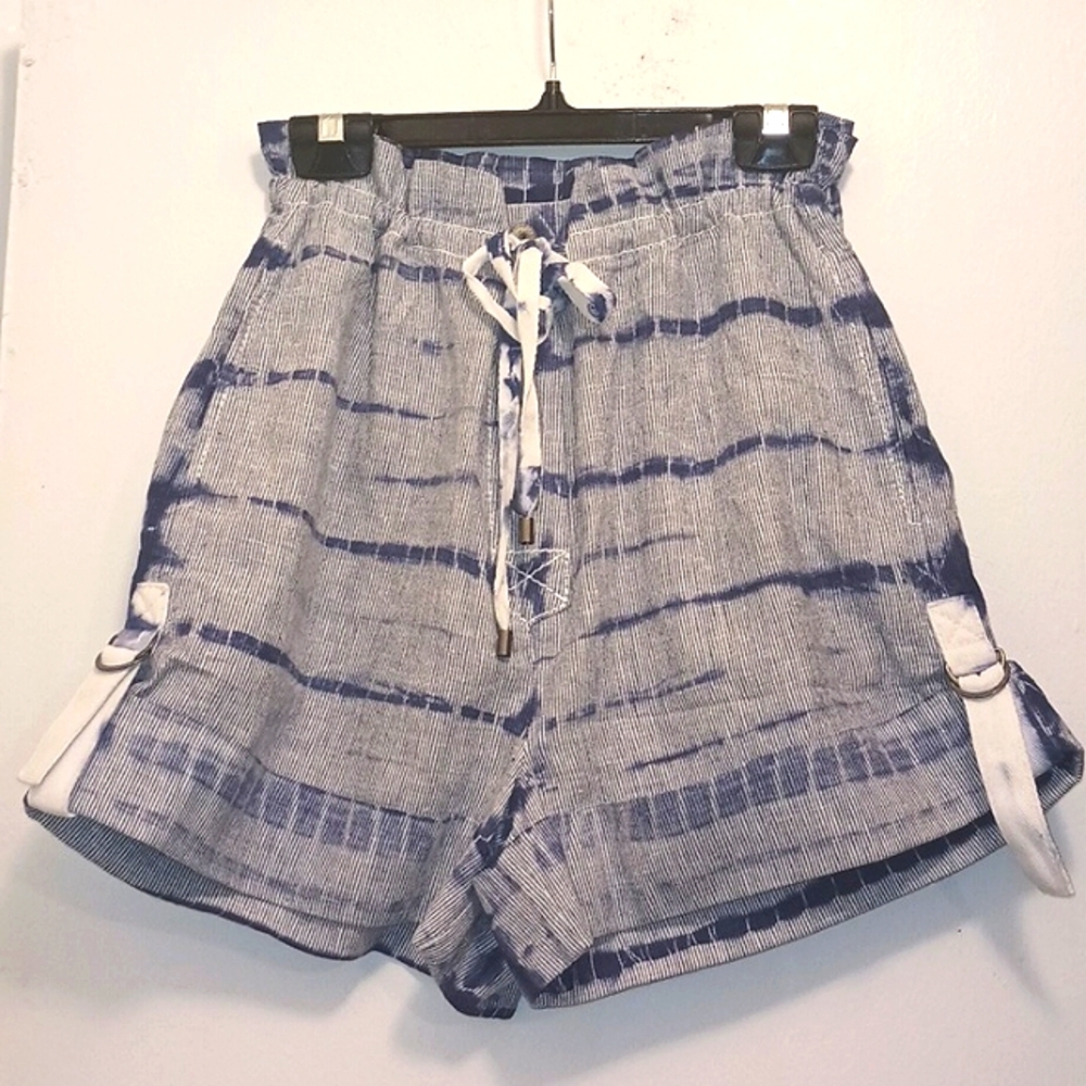 MARRAKESH TIE DYE BLUE AND WHITE LINEN BLEND CUFFED SHORTS